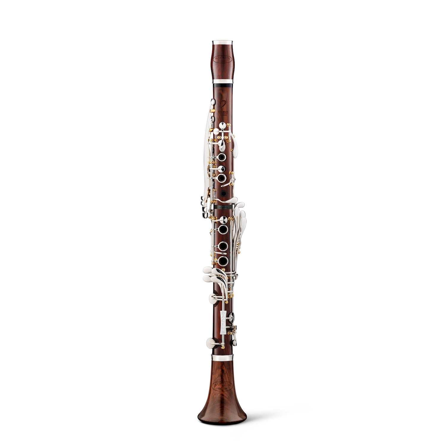 backun-bb-clarinet-essence-cocobolo-synthetic-liner-f-vent-silver-with-gold-posts-front